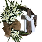 TERGAYEE Easter Wreath with Cross Garland,Easter Wreath Decor for Front Door Welcome Home Sign Easter Garland Rustic Grapevine Wreath Spring Flower Decorating Easter Home Decor